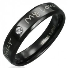 Anello in acciaio - nero con una dichiarazione d'amore e con zircone chiaro
