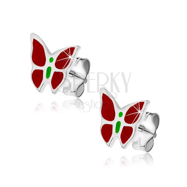 Orecchini a bottone in argento 925 - farfalla rossa - verde