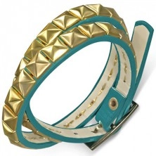 Bracciale in finta pelle, doppio - cinturino blu con piccole piramidi di colore oro