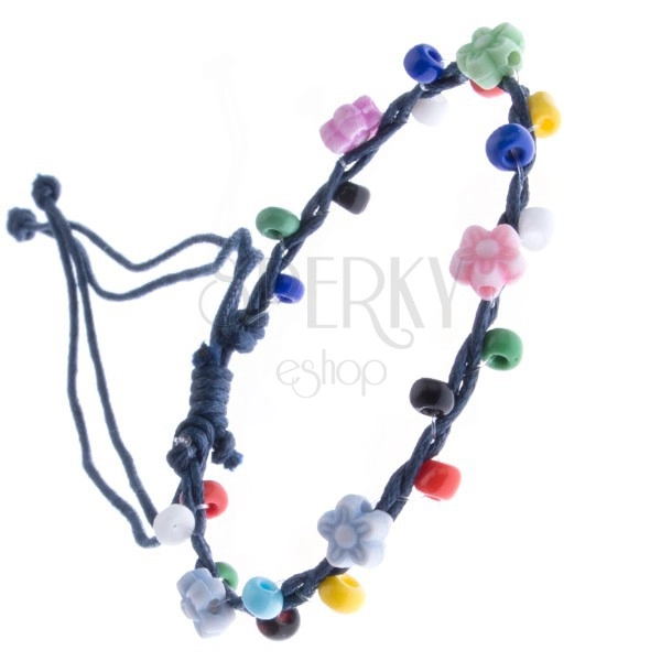 Bracciale di fili - blu scuro con perline colorate, fiorellini