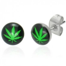 Orecchini a bottone in acciaio con motivo di cannabis