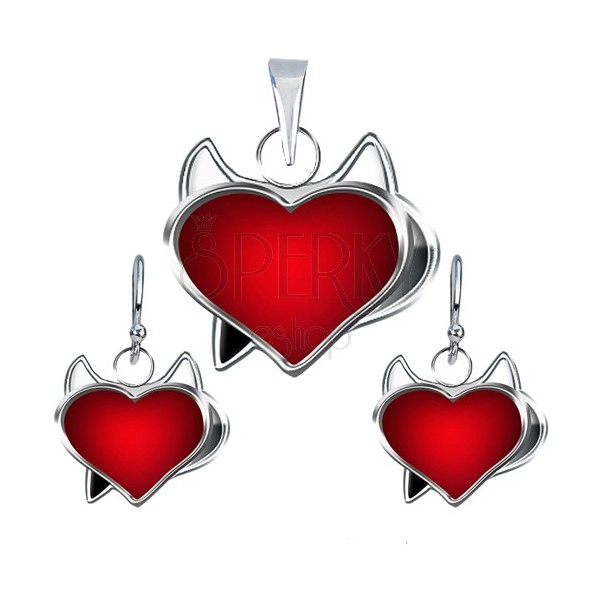 Set di orecchini e ciondolo in argento 925 - cuore rosso diavoletto