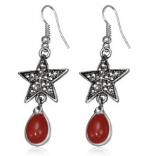 Orecchini metallici - stella a cinque punte con zirconi e pietra rossa