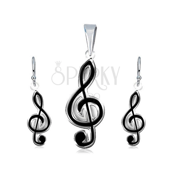 Set di orecchini e ciondolo in argento 925 - chiave di violino nera