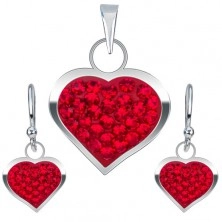 Assortimento in argento 925, orecchini e ciondolo, cuore rosso in zircone