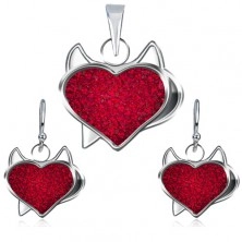 Set in argento 925 di ciondolo e orecchini - cuore rosso in zircone, diavoletto