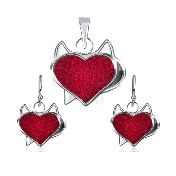 Set in argento 925 di ciondolo e orecchini - cuore rosso in zircone, diavoletto