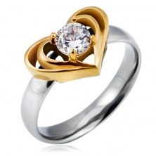 Anello d'acciaio in colore argento con un cuore doppio in colore oro, zircone chiaro