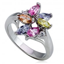 Anello lucido metallico - fiore, zirconi a forma di lacrima colorati e rotondi