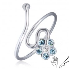 Anellino d'argento 925 lucido - linea rotante, fiore blu di zirconi