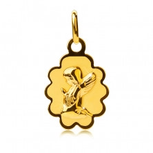 Ciondolo in oro 585 - piastrina con il bordo zigrinato ed un angelo inginocchiato