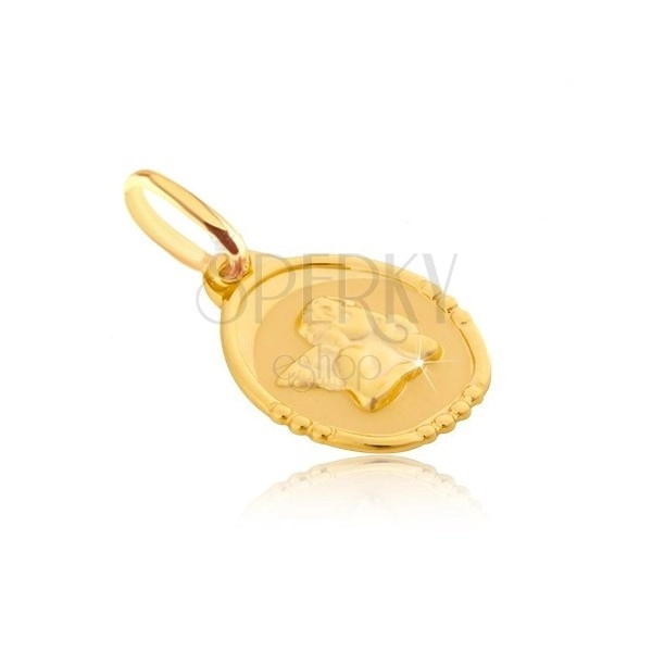 Ciondolo in oro 585 - piastrina ovale con un angelo grassottello