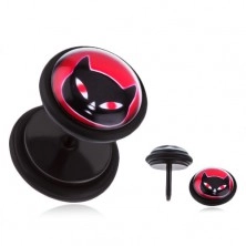 Plug falso nero all'orecchio con finitura PVD - in acciaio, gatto con occhi rossi