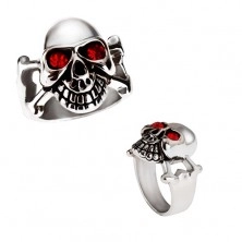 Anello lucido d'acciaio - teschio in colore argento con occhi rossi