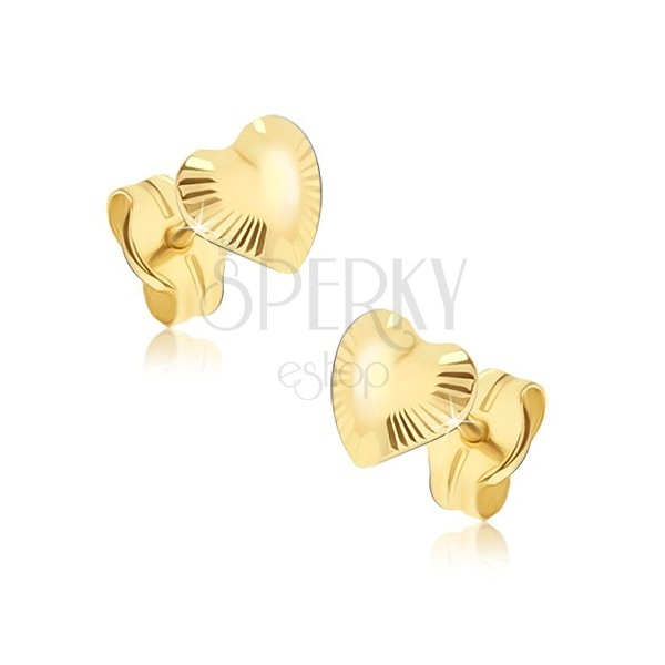 Orecchini luccicanti d'oro 585 - cuoricini irregolari, solcatura radiale