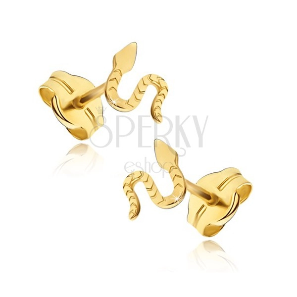 Orecchini in oro giallo 14K - serpente lucido strisciante, superficie solcata