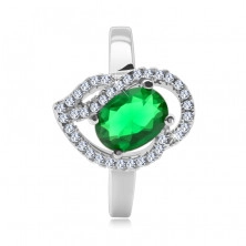 Anello d'argento 925, piccola pietre verde ovale, archi di zirconi