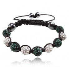 Shamballa braccialetto - palline brillanti in color verde scuro e bianco, laccetto