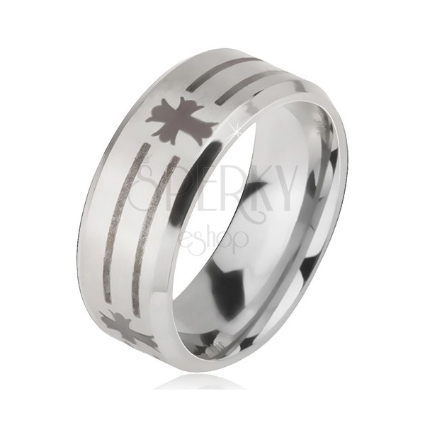 Anello opaco d'acciaio - fede in colore argento, stampo di strisce e croci