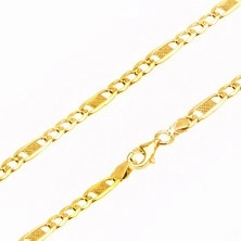 Catena in oro 585 - tre maglie appiattite e un anello piu lungo con reticolo, 450 mm