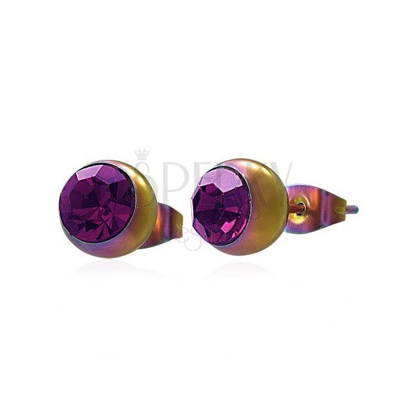 Orecchini realizzati in acciaio 316L, palline nei colori dell'arcobaleno con zircone rosa-viola