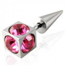 Plug falso in colore argento - cubo con zirconi rosa rotondi, punta corta