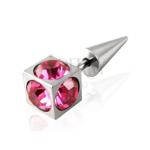 Plug falso in colore argento - cubo con zirconi rosa rotondi, punta corta