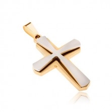 Ciondolo in acciaio inossidabile, di colore oro e una croce più piccola di colore argento