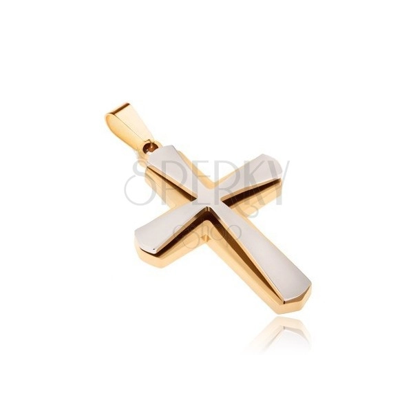 Ciondolo in acciaio inossidabile, di colore oro e una croce più piccola di colore argento