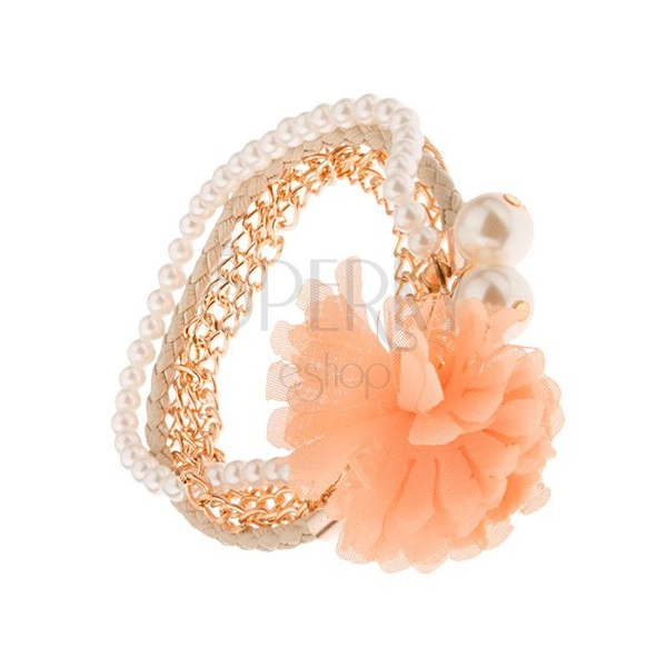 Multi braccialetto - catenine color oro, treccia color beige, perline, fiore color arancione