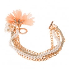 Multi braccialetto - catenine color oro, treccia color beige, perline, fiore color arancione