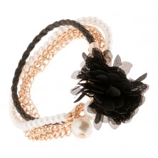 Multi braccialetto - treccia nera, catene in color oro, perline, fiore nero