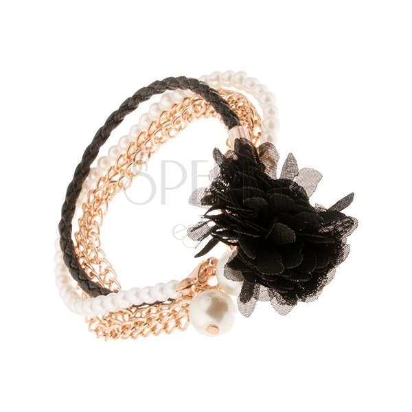 Multi braccialetto - treccia nera, catene in color oro, perline, fiore nero
