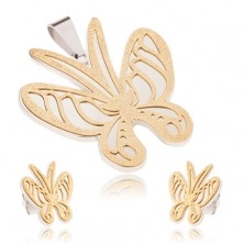 Set in acciaio di colore oro-argento, ciondolo e orecchini, farfalla sabbiata