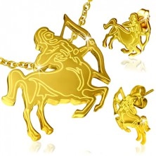 Set in acciaio di colore oro, ciondolo e orecchini, segno dello zodiaco Sagittario