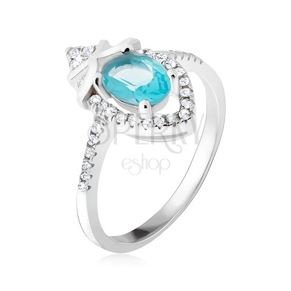 Anello in argento 925, piccola pietra ovale azzurra, lacrima di zirconi