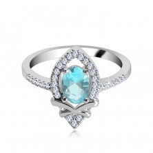 Anello in argento 925, piccola pietra ovale azzurra, lacrima di zirconi