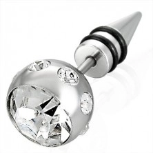 Piercing falso in colore argento - pallina grande con zircone, punta con due nastri in caucciù nero