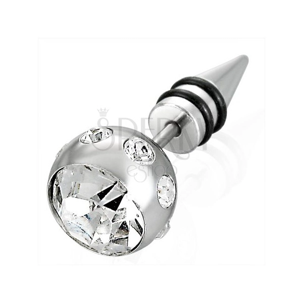Piercing falso in colore argento - pallina grande con zircone, punta con due nastri in caucciù nero