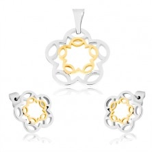 Set in acciaio - ciondolo e orecchini di colore argento-oro, contorni a fiore
