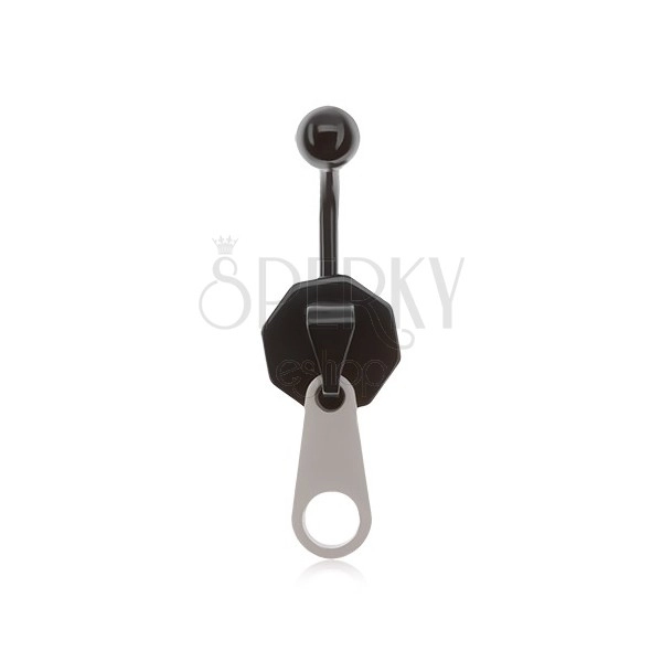 Piercing in acciaio per ombelico di colore nero, zip, linguetta bianca