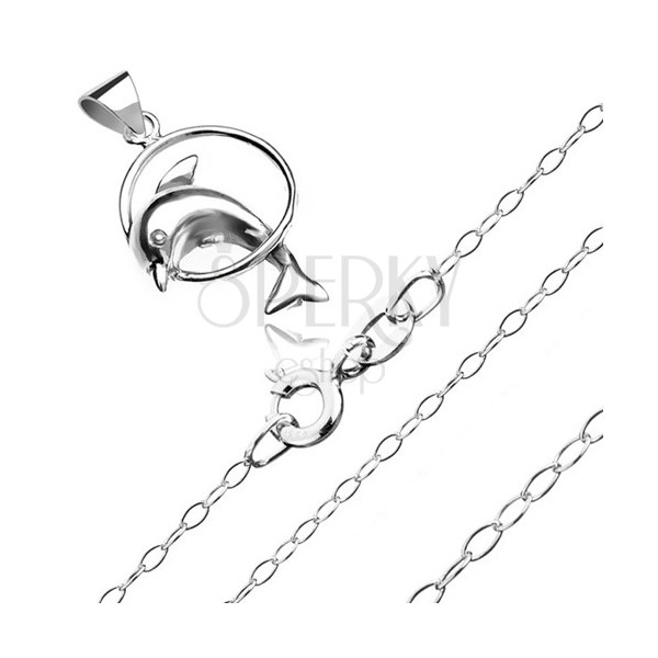 Collana d'argento 925 - delfino saltante attraverso un cerchio, catena di anelli piccoli