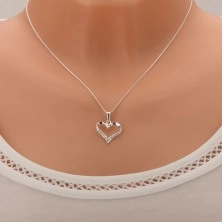 Collana - catena e contorno di cuore simmetrico, zirconi chiari, argento 925