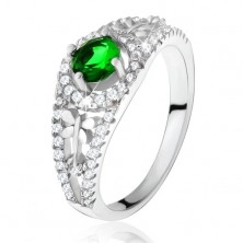 Anello di zirconi chiari con piccola pietra verde, libellule, argento 925