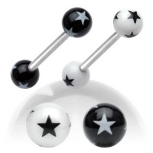 Piercing in acciaio per lingua, palline nere-bianche in acrilico con piccole stelle