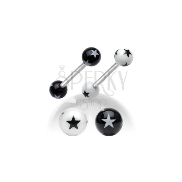 Piercing in acciaio per lingua, palline nere-bianche in acrilico con piccole stelle