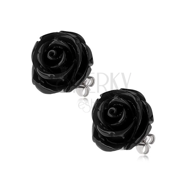Orecchini in acciaio, un fiore nero di una rosa in resina, chiusura a farfallina, 20 mm