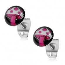 Orecchini realizzati in acciaio inossidabile, fungo in bianco e rosa su un cerchio nero