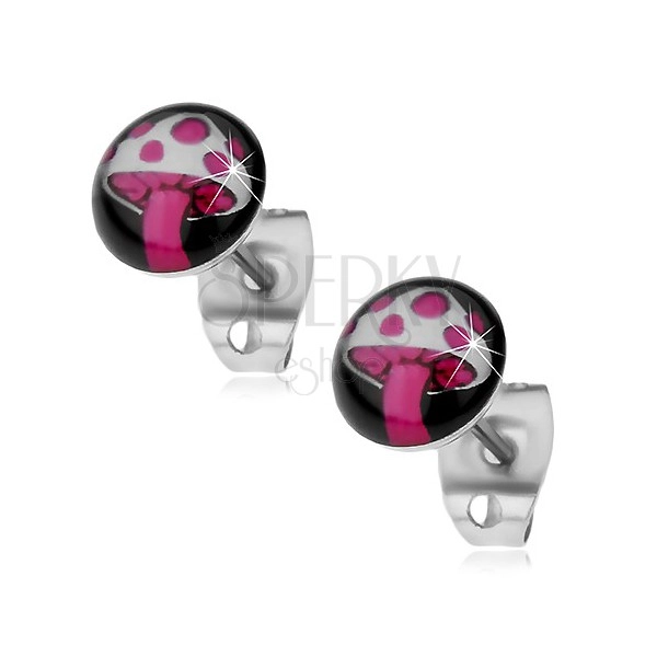 Orecchini realizzati in acciaio inossidabile, fungo in bianco e rosa su un cerchio nero