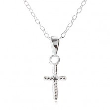 Collana in argento 925, catena di anelli ovali, croce latina, strisce oblique